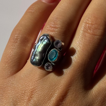 925 Sterling Silver Abalone Amethyst Aquamarine Ring Size 6