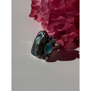 925 Sterling Silver Abalone Amethyst Aquamarine Ring Size 6
