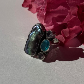 925 Sterling Silver Abalone Amethyst Aquamarine Ring Size 6