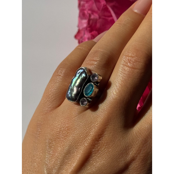 925 Sterling Silver Abalone Amethyst Aquamarine Ring Size 6