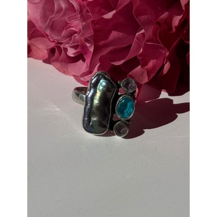925 Sterling Silver Abalone Amethyst Aquamarine Ring Size 6
