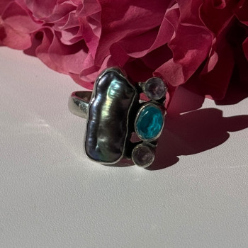 925 Sterling Silver Abalone Amethyst Aquamarine Ring Size 6