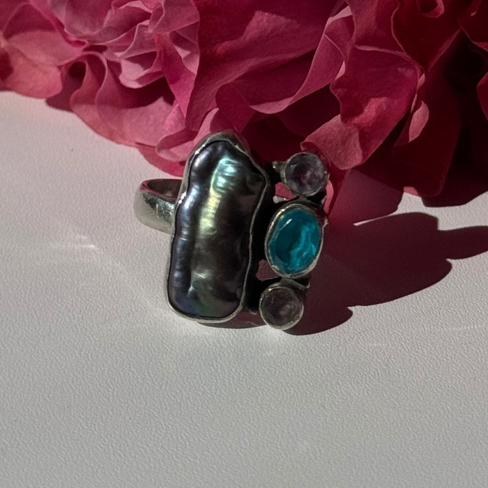 925 Sterling Silver Abalone Amethyst Aquamarine Ring Size 6