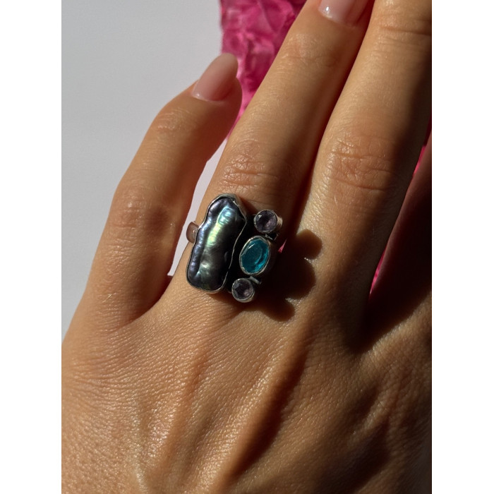 925 Sterling Silver Abalone Amethyst Aquamarine Ring Size 6