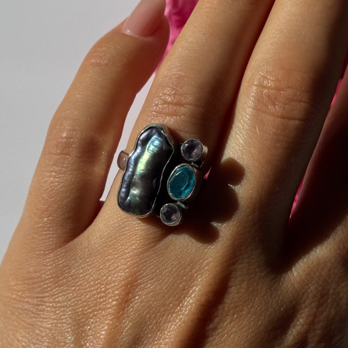 925 Sterling Silver Abalone Amethyst Aquamarine Ring Size 6