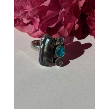 925 Sterling Silver Abalone Amethyst Aquamarine Ring Size 6