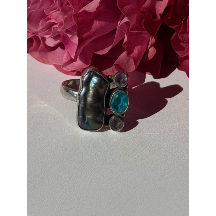 925 Sterling Silver Abalone Amethyst Aquamarine Ring Size 6