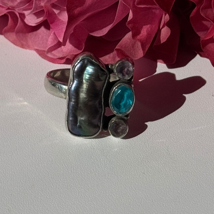 925 Sterling Silver Abalone Amethyst Aquamarine Ring Size 6