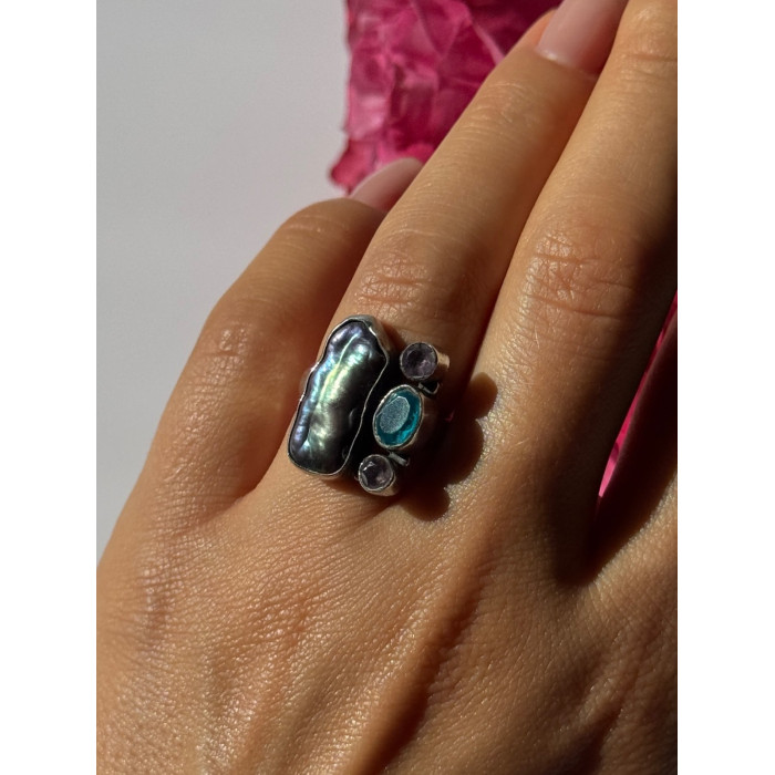 925 Sterling Silver Abalone Amethyst Aquamarine Ring Size 6