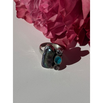 925 Sterling Silver Abalone Amethyst Aquamarine Ring Size 6