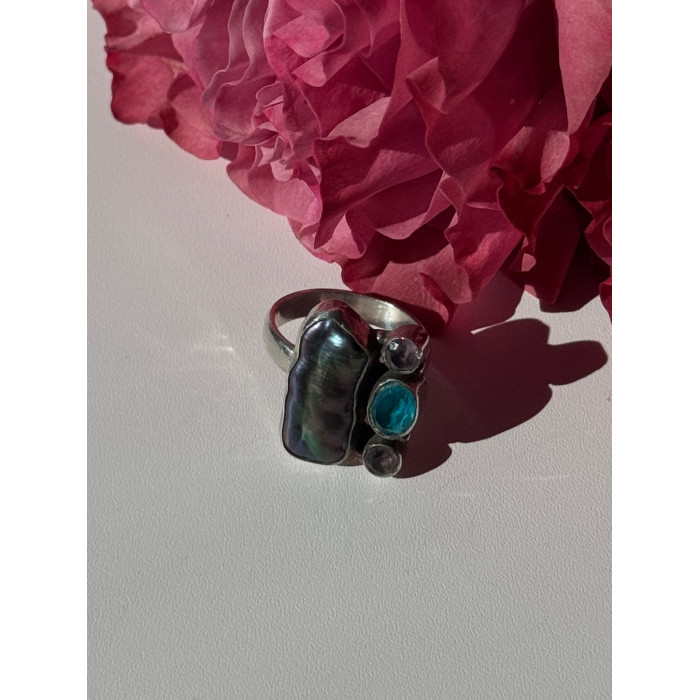 925 Sterling Silver Abalone Amethyst Aquamarine Ring Size 6