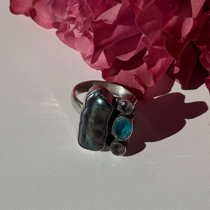 925 Sterling Silver Abalone Amethyst Aquamarine Ring Size 6
