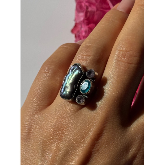 925 Sterling Silver Abalone Amethyst Aquamarine Ring Size 6
