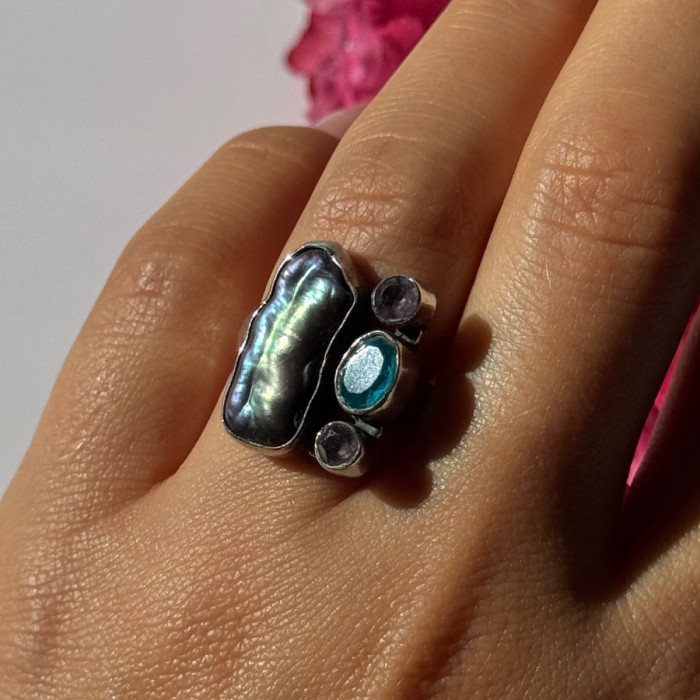 925 Sterling Silver Abalone Amethyst Aquamarine Ring Size 6