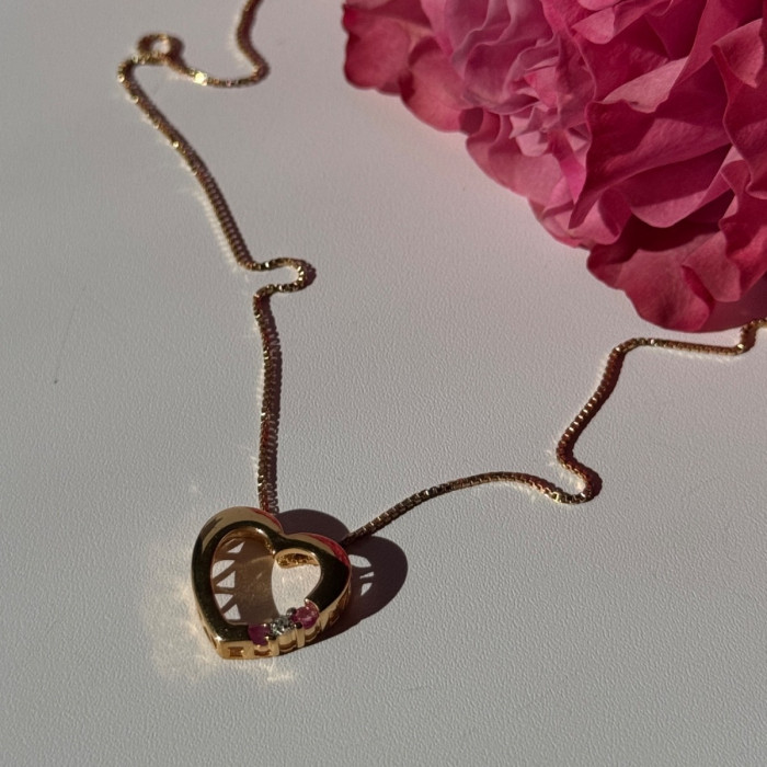 925 Sterling Silver Gold Plated Ruby & Diamond Heart Necklace