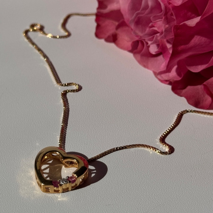 925 Sterling Silver Gold Plated Ruby & Diamond Heart Necklace