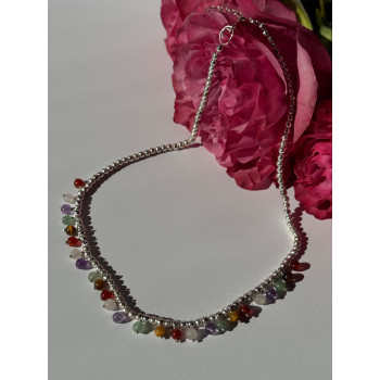 925 Sterling Silver Multi Color Agate Necklace Length 15/18 inch