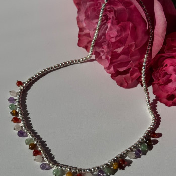 925 Sterling Silver Multi Color Agate Necklace Length 15/18 Inch