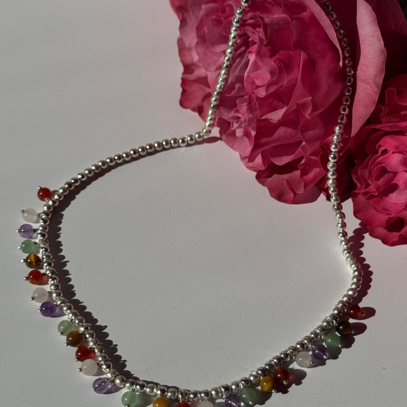 925 Sterling Silver Multi Color Agate Necklace Length 15/18 Inch