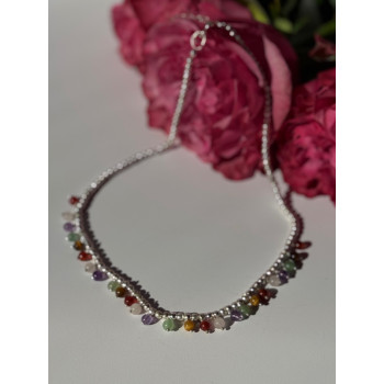 925 Sterling Silver Multi Color Agate Necklace Length 15/18 inch