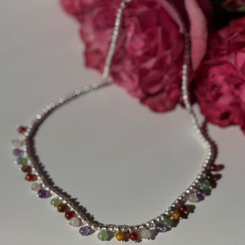 925 Sterling Silver Multi Color Agate Necklace Length 15/18 Inch