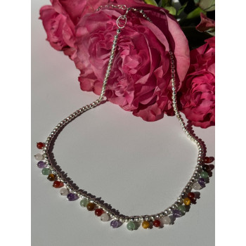 925 Sterling Silver Multi Color Agate Necklace Length 15/18 inch