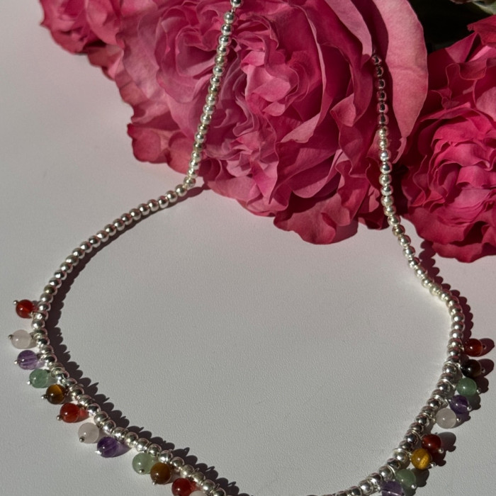 925 Sterling Silver Multi Color Agate Necklace Length 15/18 Inch
