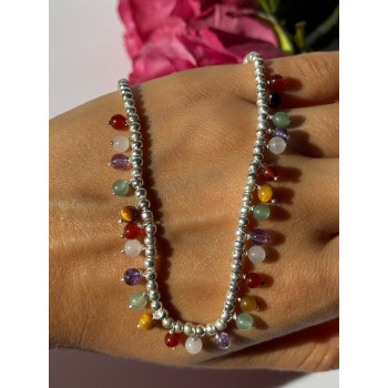 925 Sterling Silver Multi Color Agate Necklace Length 15/18 inch