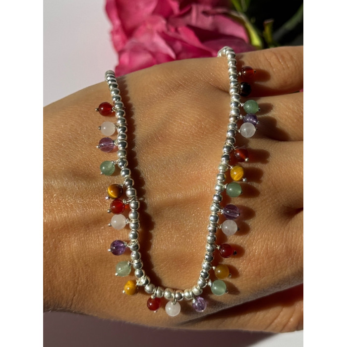 925 Sterling Silver Multi Color Agate Necklace Length 15/18 inch