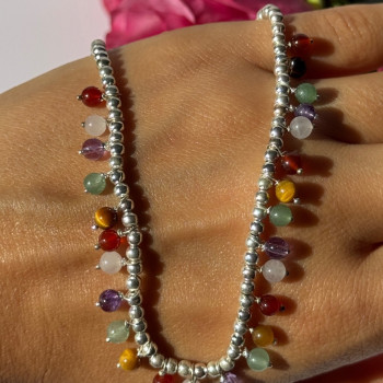 925 Sterling Silver Multi Color Agate Necklace Length 15/18 Inch