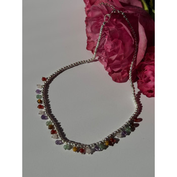 925 Sterling Silver Multi Color Agate Necklace Length 15/18 inch
