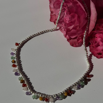 925 Sterling Silver Multi Color Agate Necklace Length 15/18 Inch
