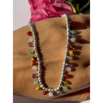 925 Sterling Silver Multi Color Agate Necklace Length 15/18 inch