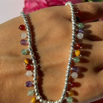925 Sterling Silver Multi Color Agate Necklace Length 15/18 Inch