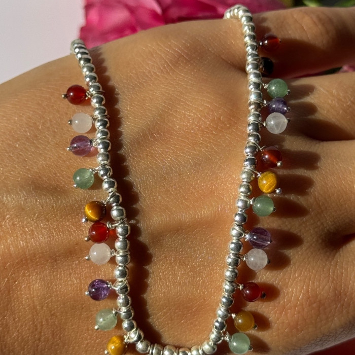 925 Sterling Silver Multi Color Agate Necklace Length 15/18 Inch