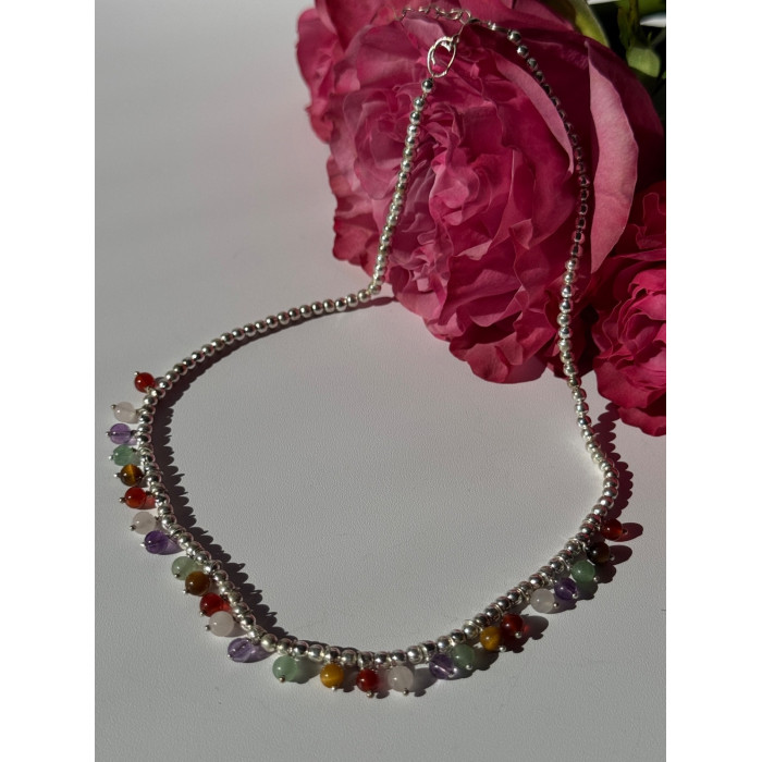 925 Sterling Silver Multi Color Agate Necklace Length 15/18 inch