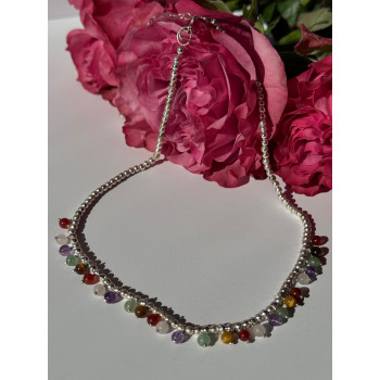 925 Sterling Silver Multi Color Agate Necklace Length 15/18 inch