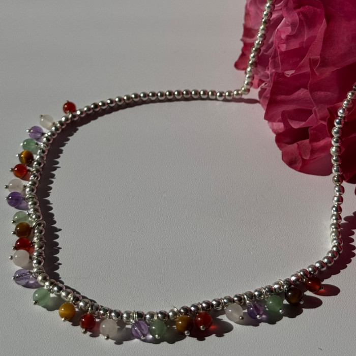 925 Sterling Silver Multi Color Agate Necklace Length 15/18 Inch