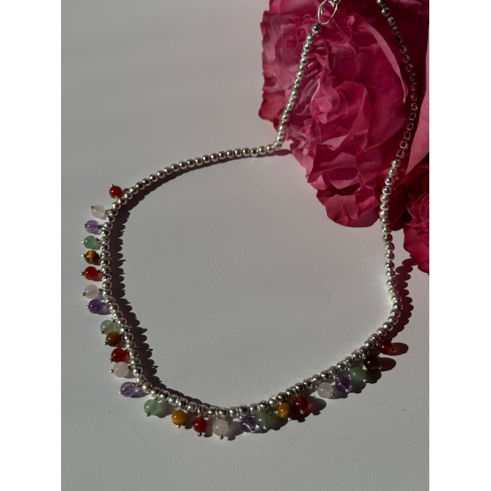 925 Sterling Silver Multi Color Agate Necklace Length 15/18 inch