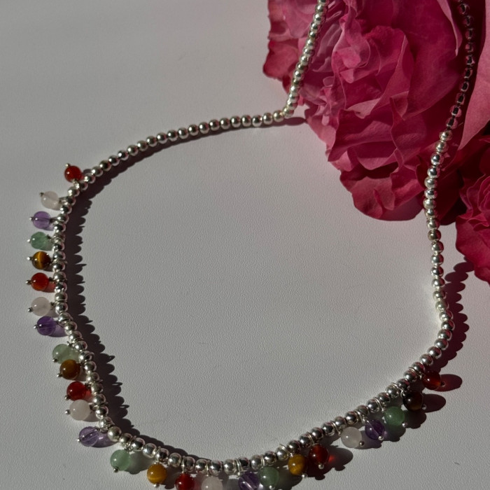 925 Sterling Silver Multi Color Agate Necklace Length 15/18 Inch