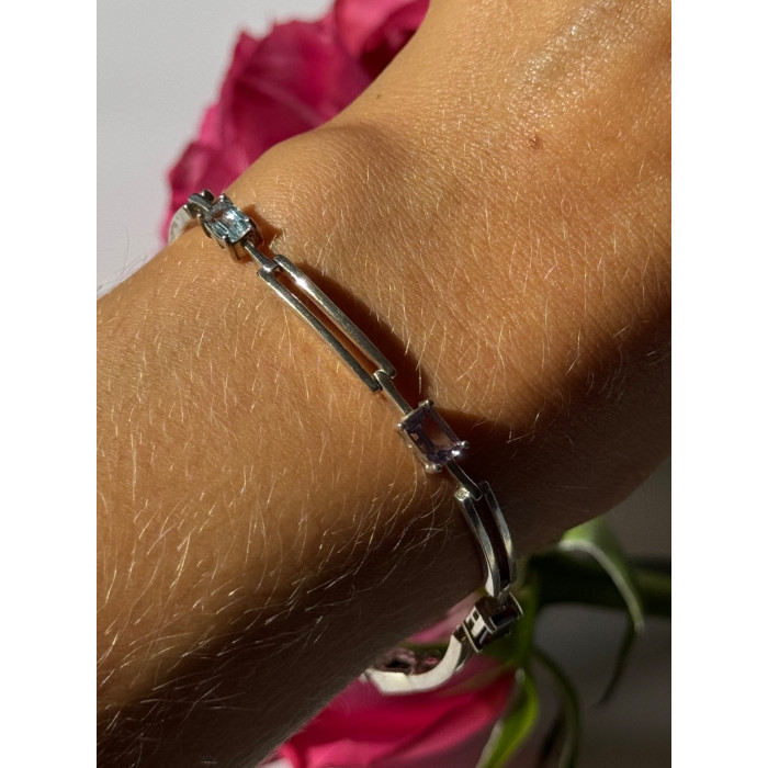 925 Sterling Silver Multi Color Gemstones Bracelet 7.5 inch