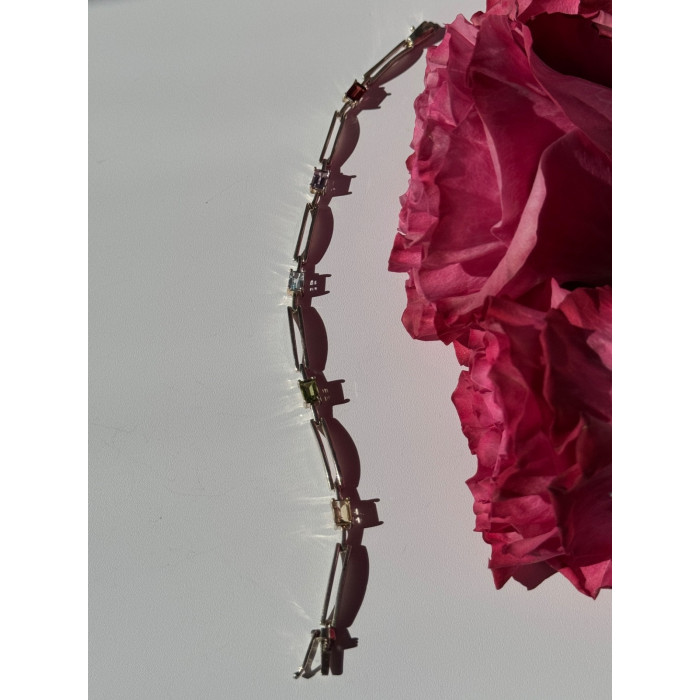 925 Sterling Silver Multi Color Gemstones Bracelet 7.5 inch