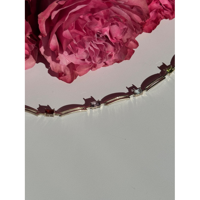 925 Sterling Silver Multi Color Gemstones Bracelet 7.5 inch