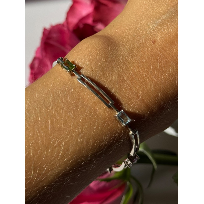 925 Sterling Silver Multi Color Gemstones Bracelet 7.5 inch