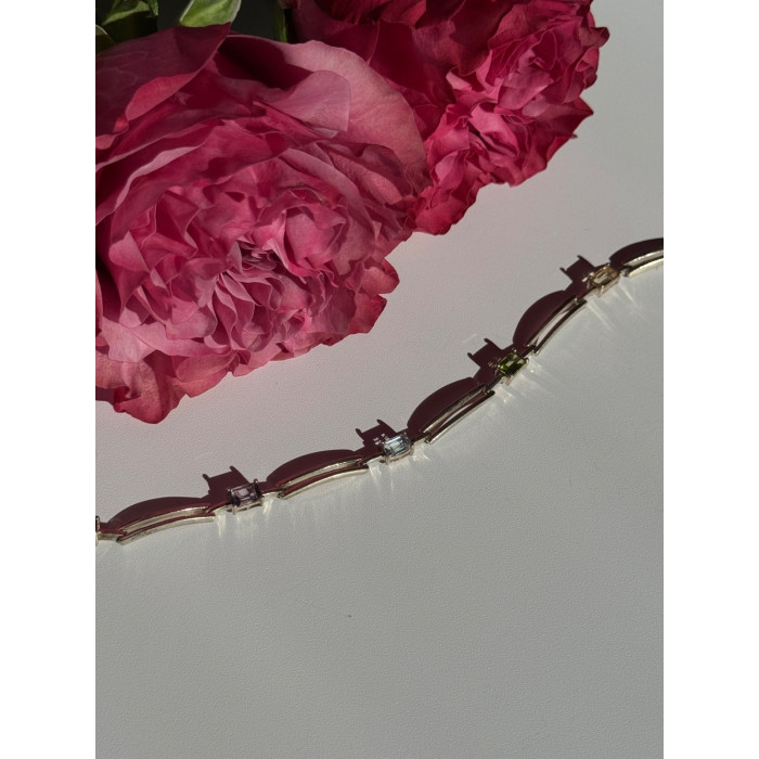 925 Sterling Silver Multi Color Gemstones Bracelet 7.5 inch