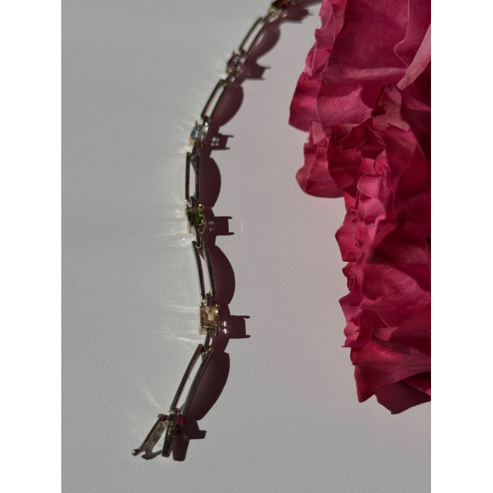 925 Sterling Silver Multi Color Gemstones Bracelet 7.5 inch