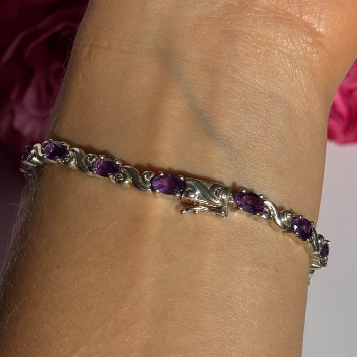 925 Sterling Silver Amethyst Bracelet 7.5 Inch