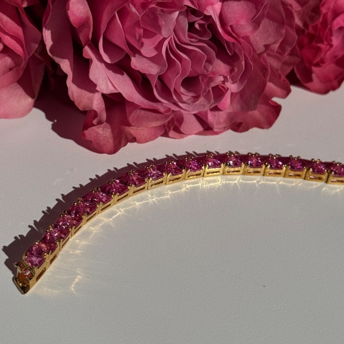 925 Sterling Silver Gold Plated Pink Topaz Bracelet 7 Inch
