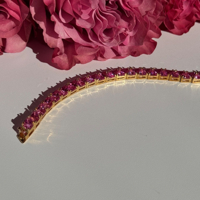 925 Sterling Silver Gold Plated Pink Topaz Bracelet 7 Inch