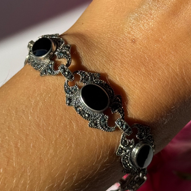 Vintage 925 Sterling Silver Onyx & Marcasite Bracelet 7 Inch